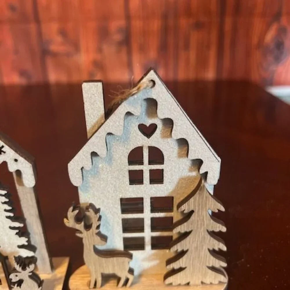 ornament Rustic Wood Christmas House Set‎ of 2 With Reindeer & Pine Trees